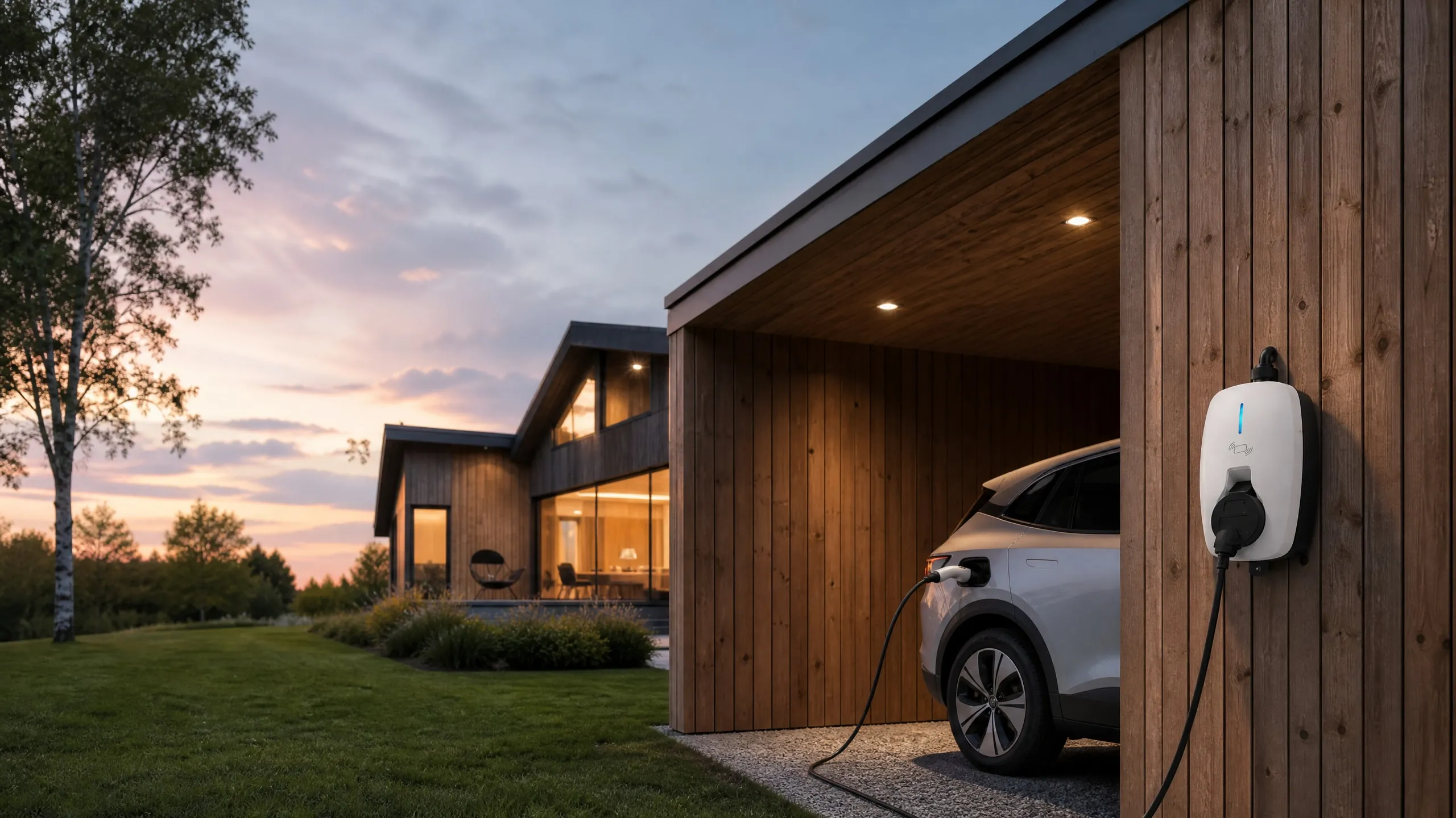 MOLZEX EVR Series wallbox charging an SUV in a home carport at dusk