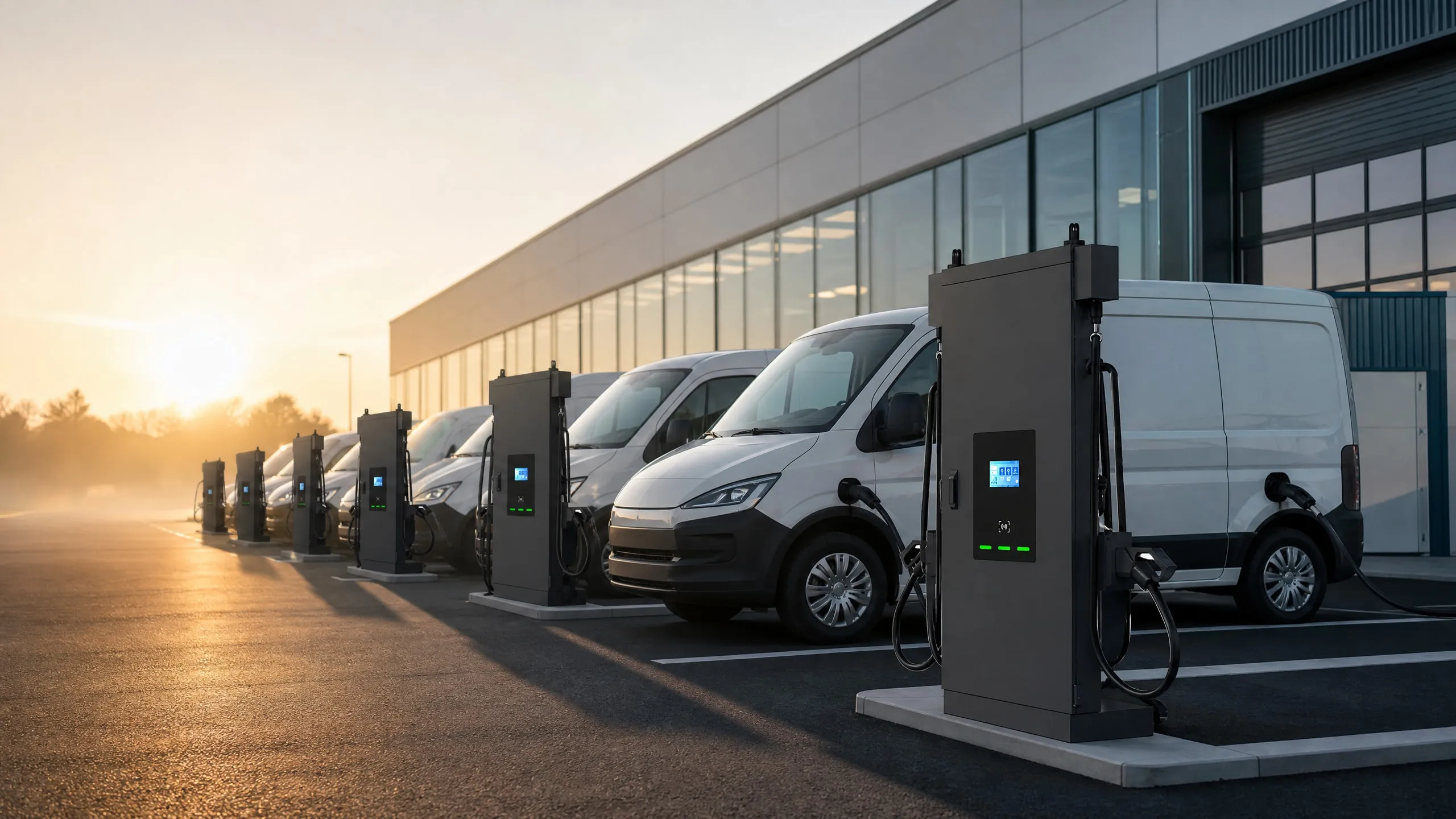 MOLZEX MVD Series DC chargers connected to electric vans at a depot at sunrise