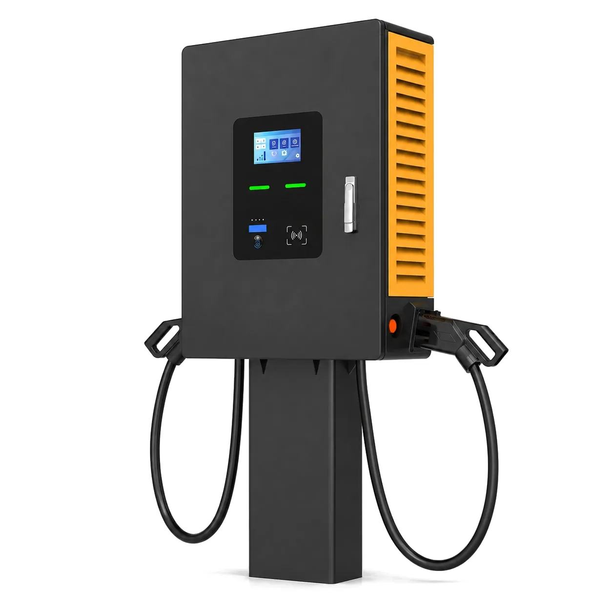MOLZEX CVD Series compact DC charger on a pedestal with orange side panel and two cables