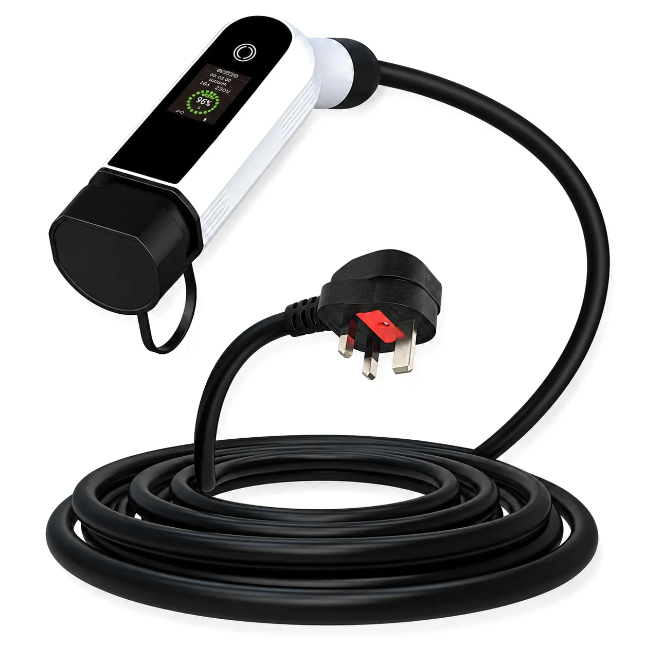 MOLZEX PGO Series all-in-one charging gun with display, UK plug and coiled cable