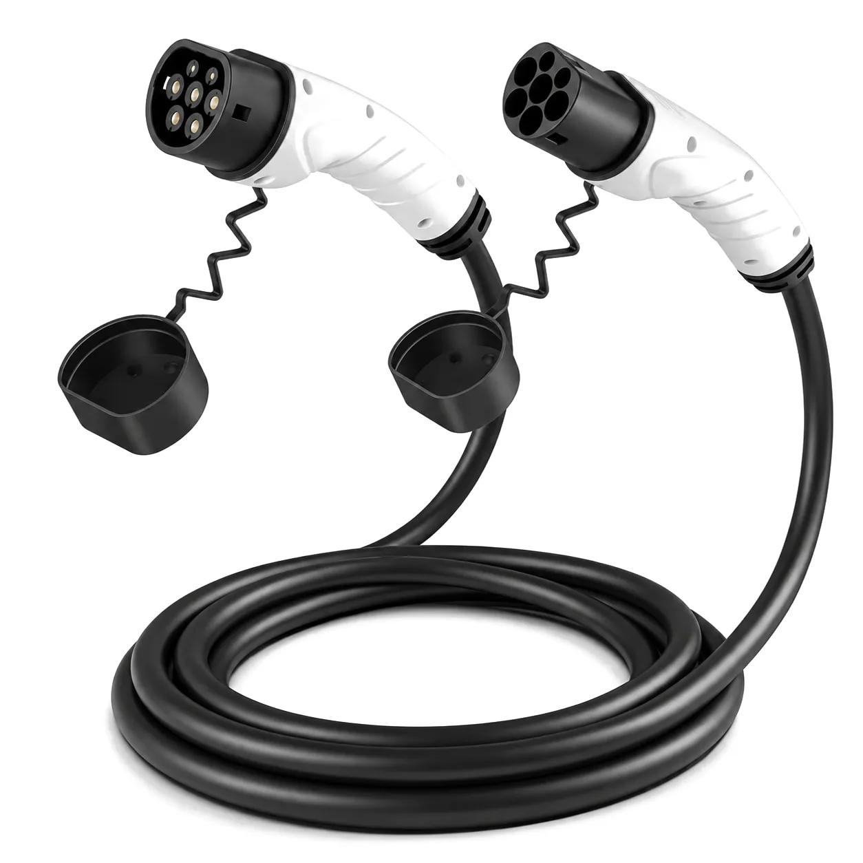 MOLZEX Type 2 to Type 2 EV charging cable with white connectors and coiled black cable