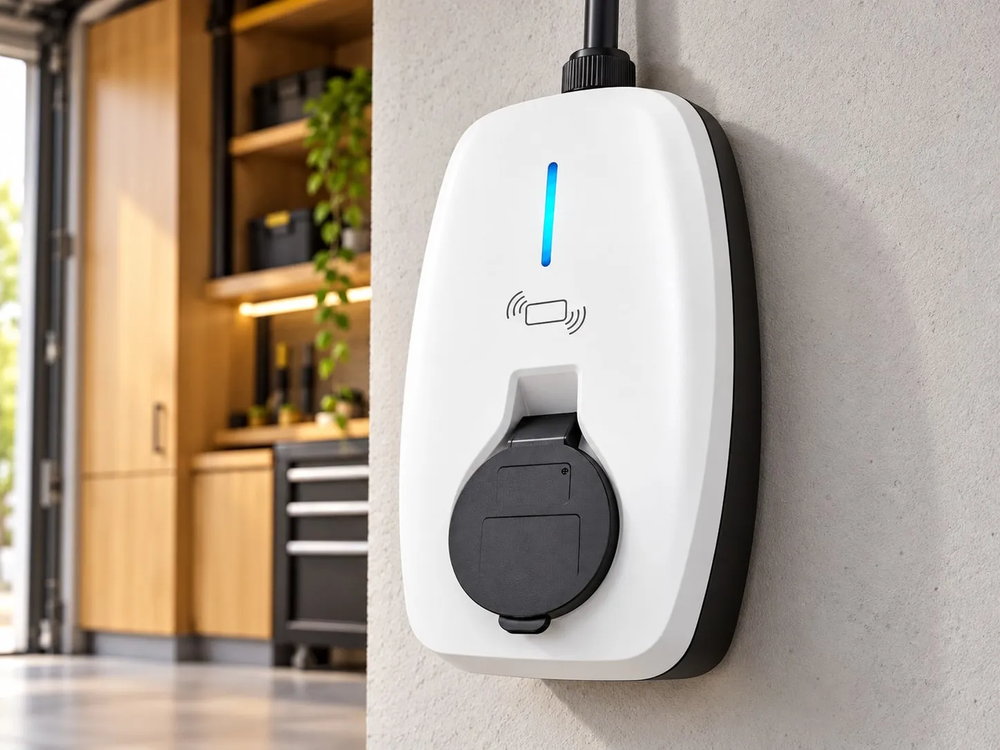 White EVR Series wallbox in a home garage