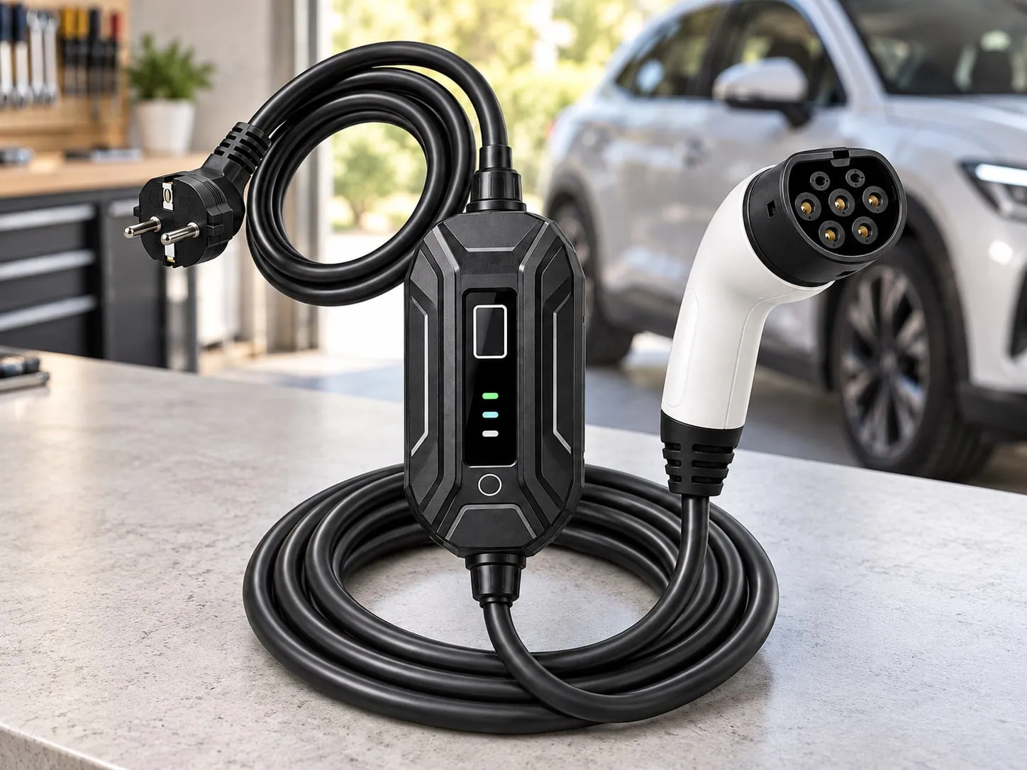 PEV Series portable charger on a workbench