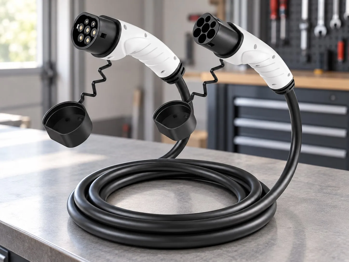 Type 2 charging cable on a workbench