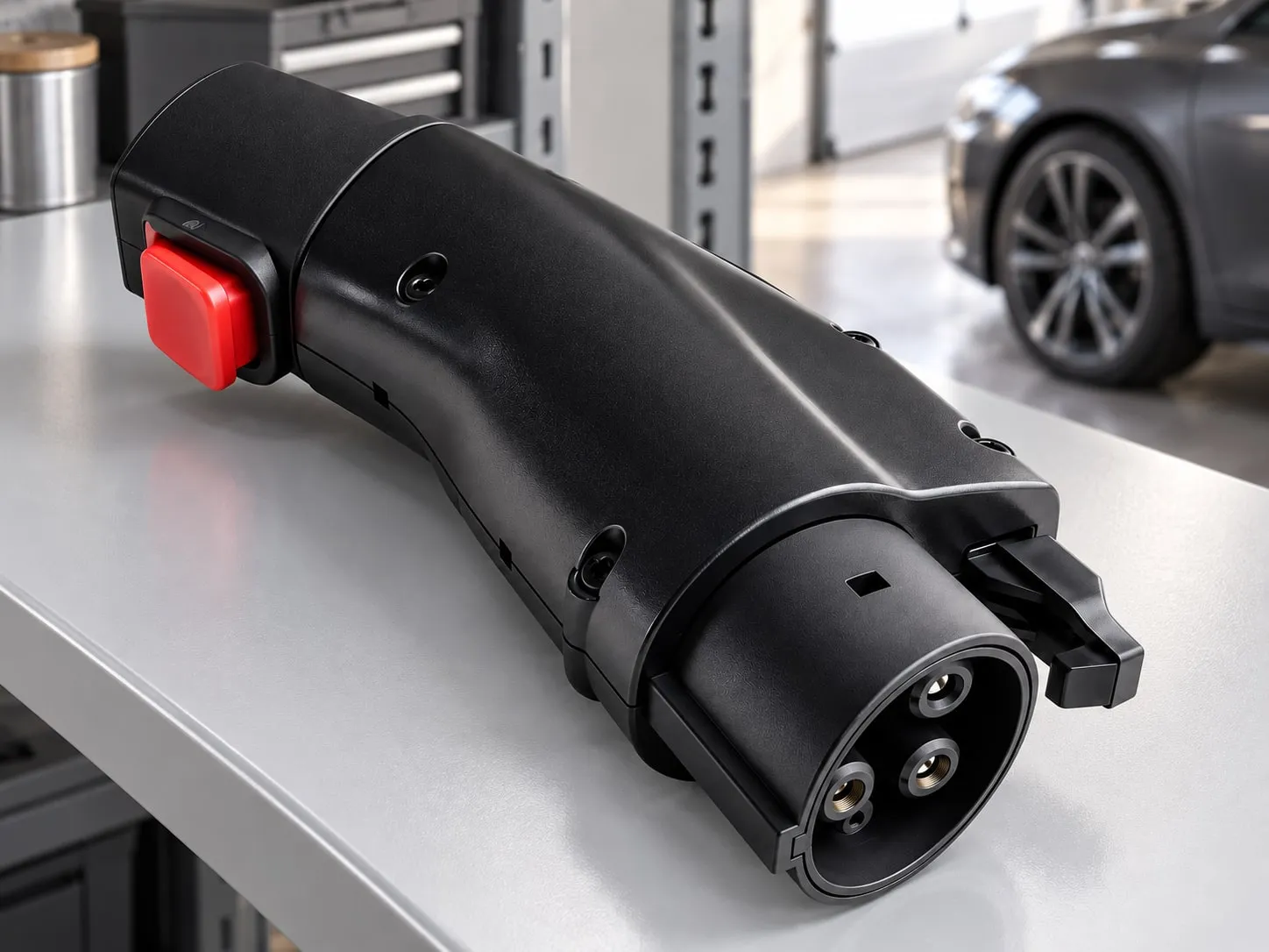 EV charging adapter on a workbench