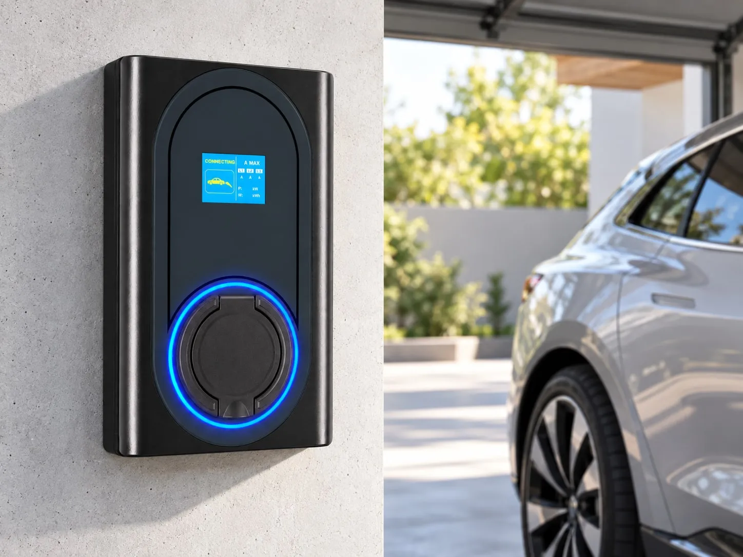 Mini Series wallbox on a garage wall next to a parked car