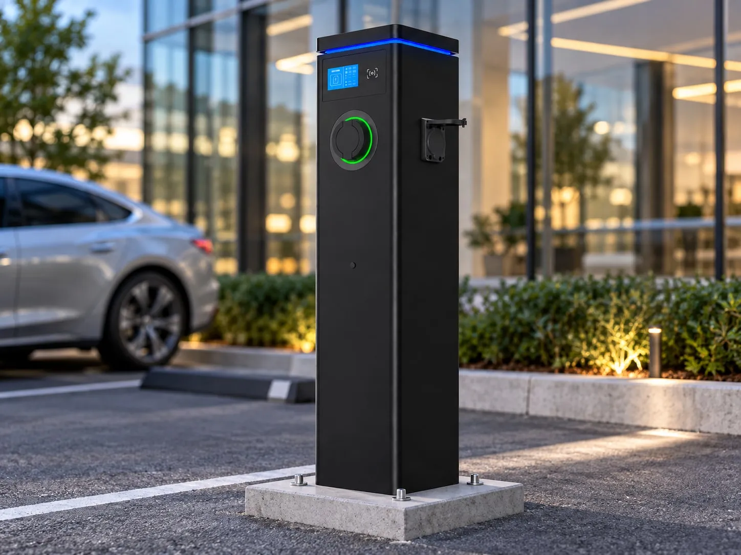 Commercial AC Series pedestal charging a car outside an office building