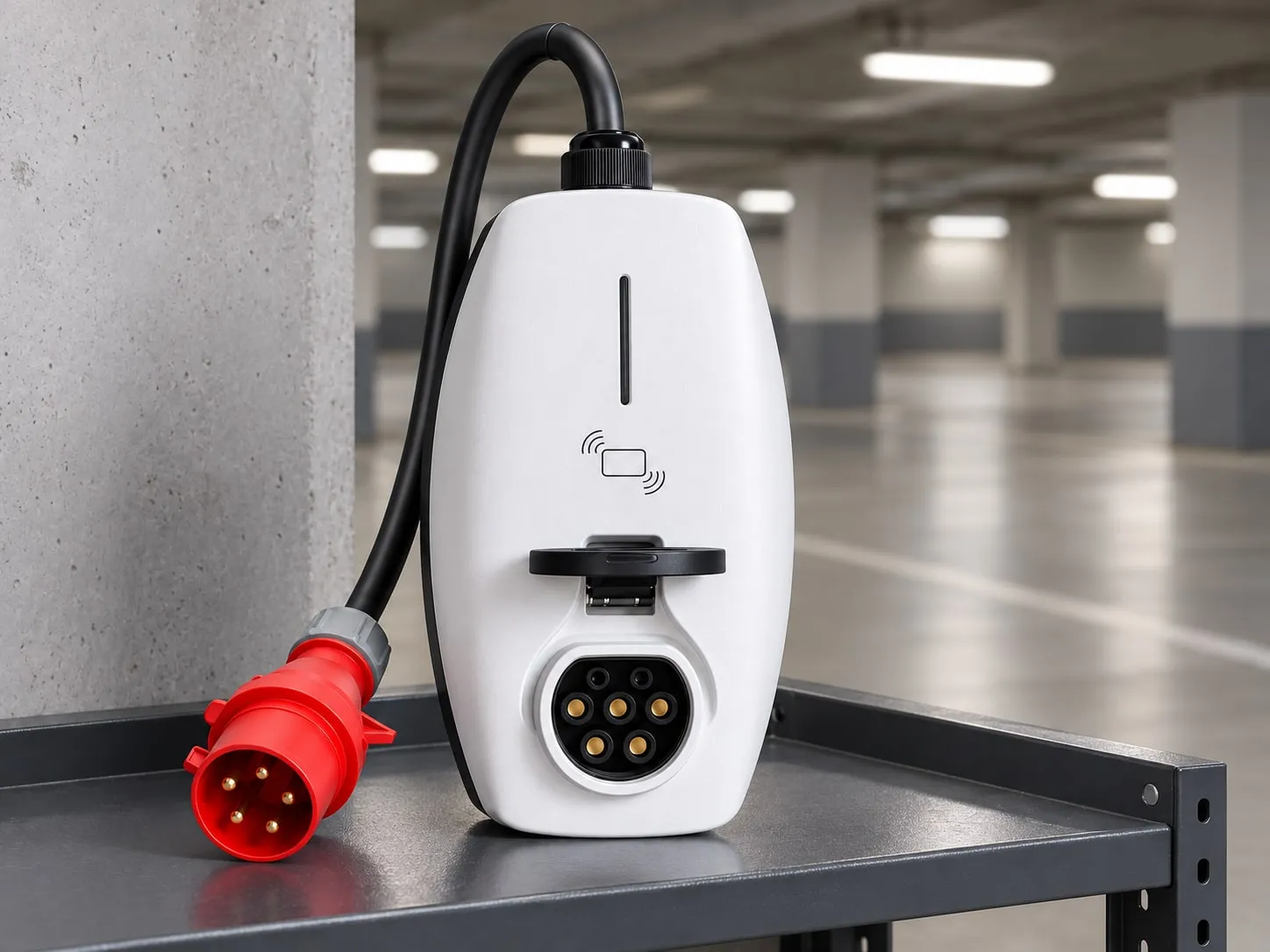 PCE Series portable charger in a parking garage