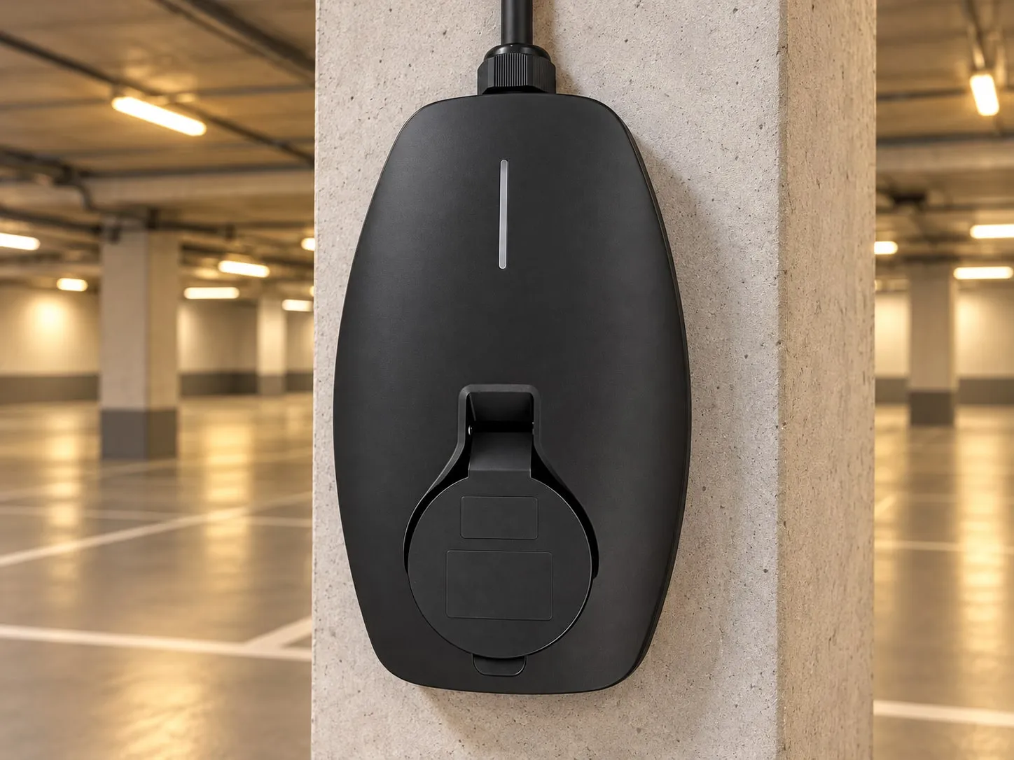 Black EVR Series wallbox in a car park
