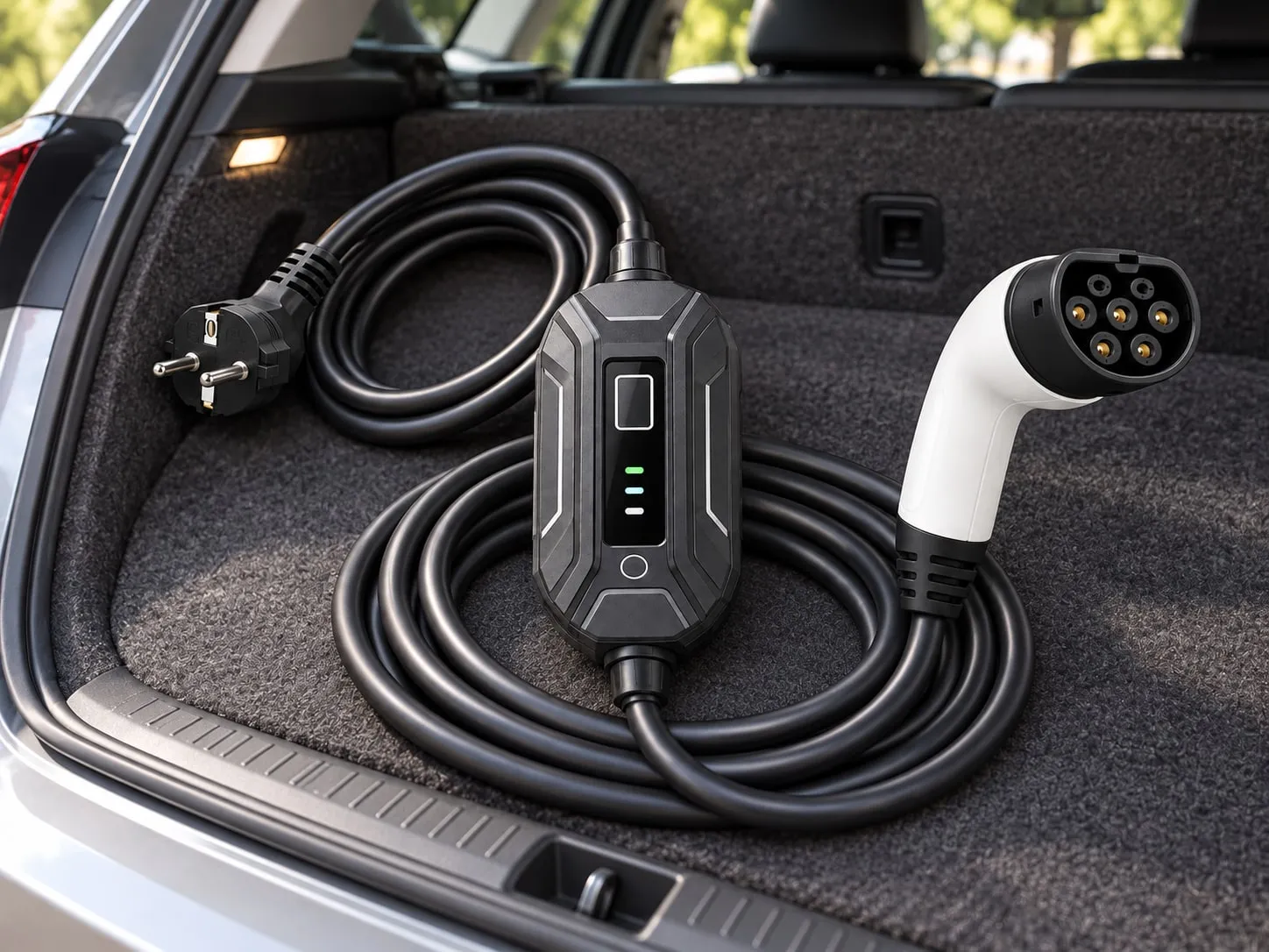 PEV Series portable charger in a car boot