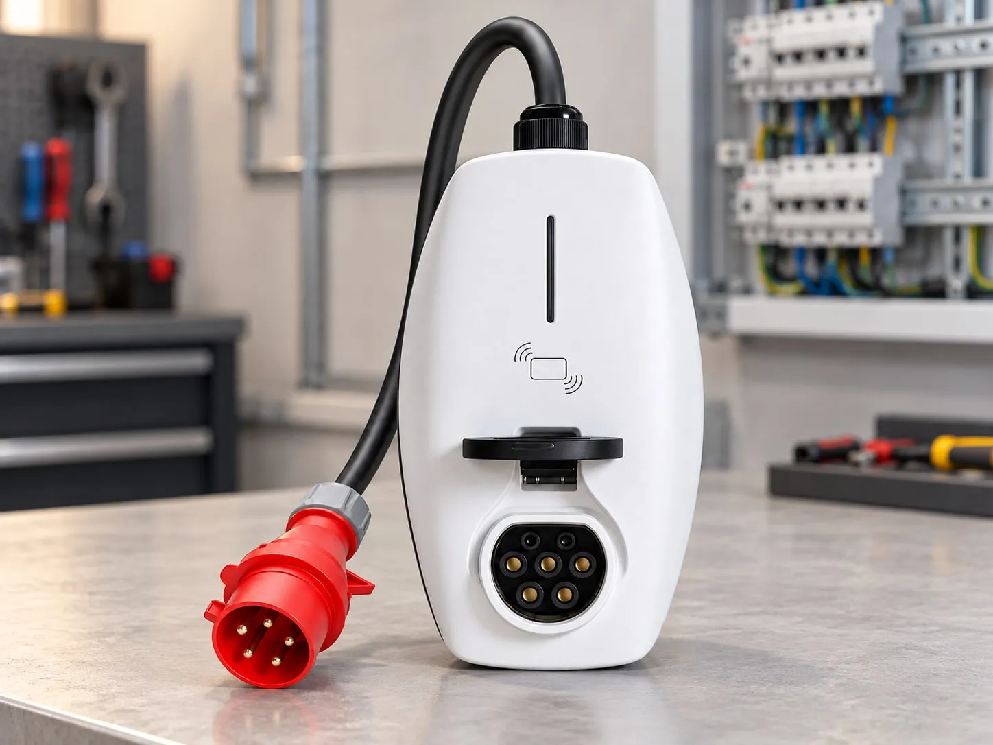 PCE Series portable charger next to an electrical cabinet