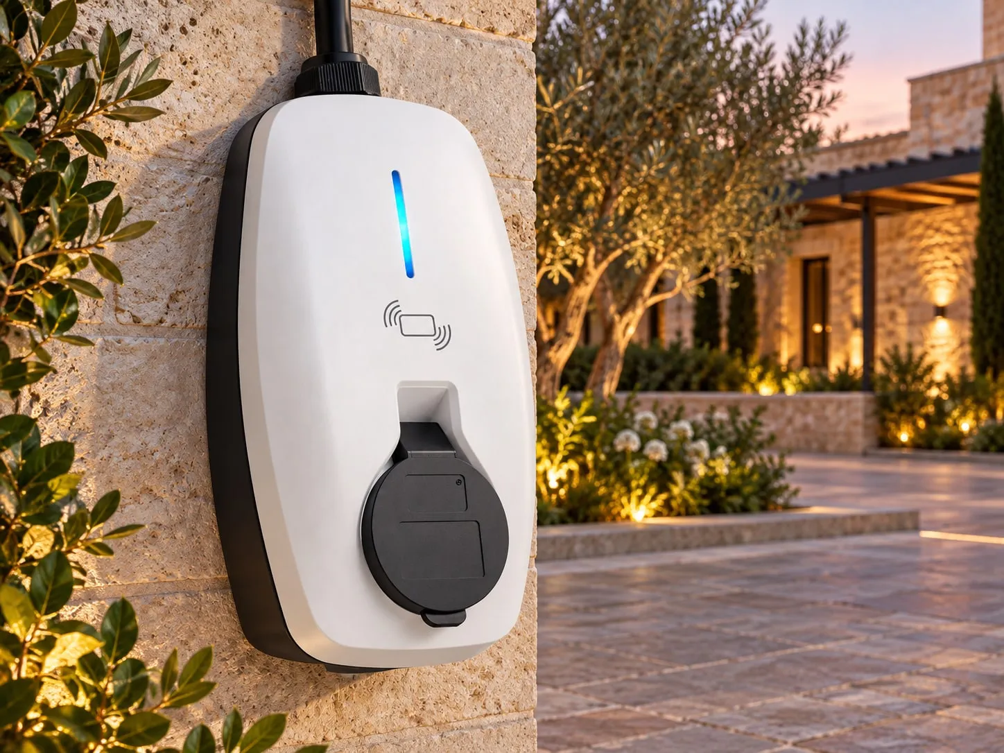 White MOLZEX EVR Series wallbox on a stone wall at dusk